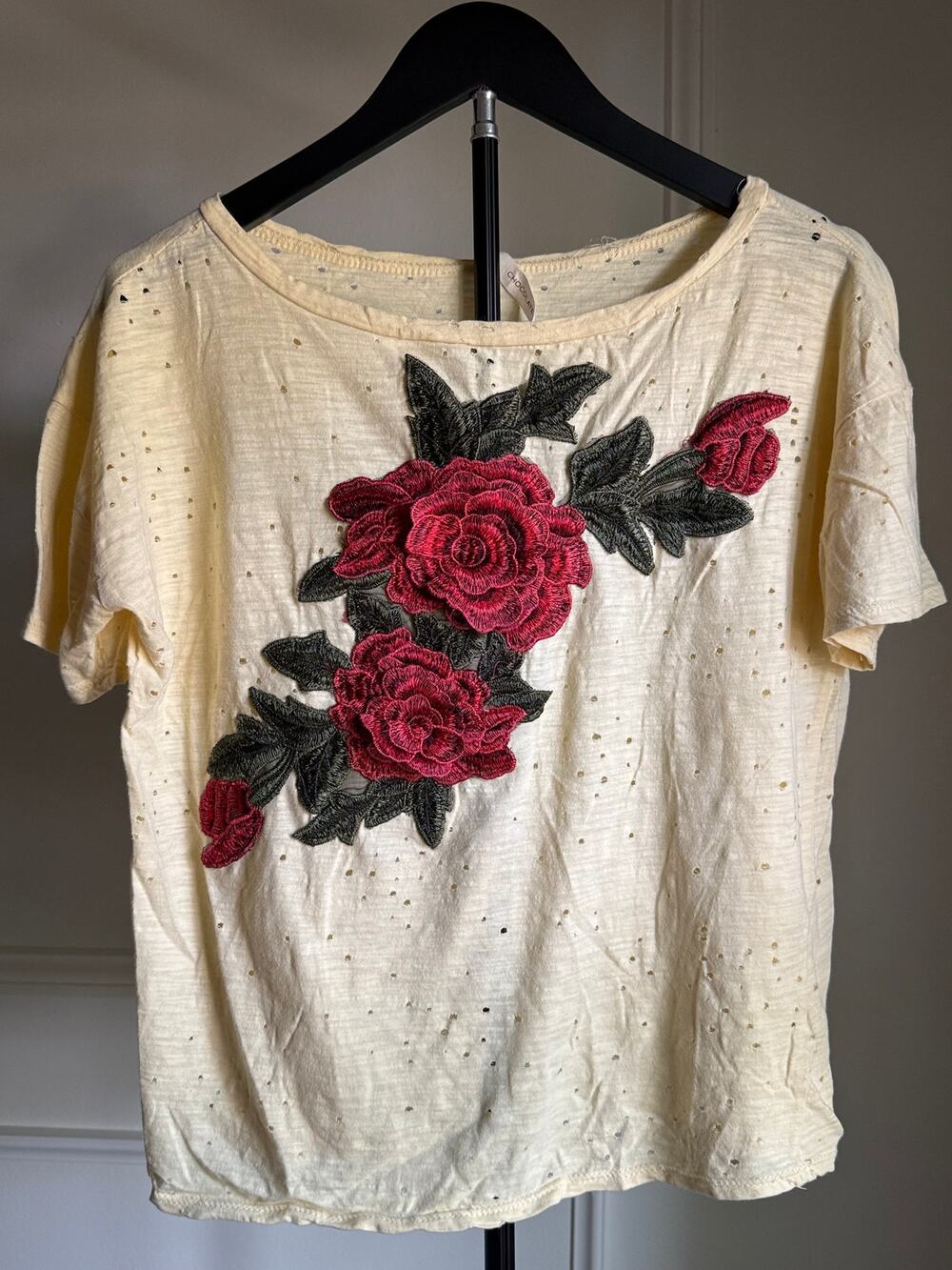 Chocolate USA Rose Applique Distressed Tee Boho Grunge Cottagecore Top M